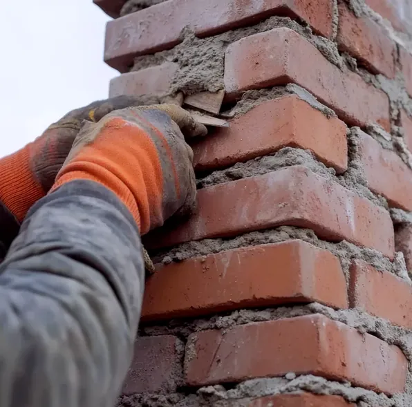 Mason tuckpointing a brick wall in German Village