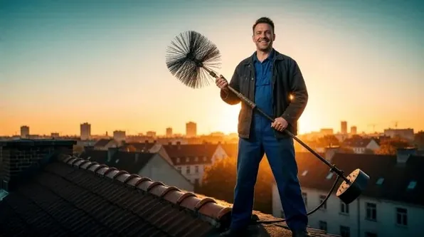 Chimney technician working on a brick roof in German Village at dusk