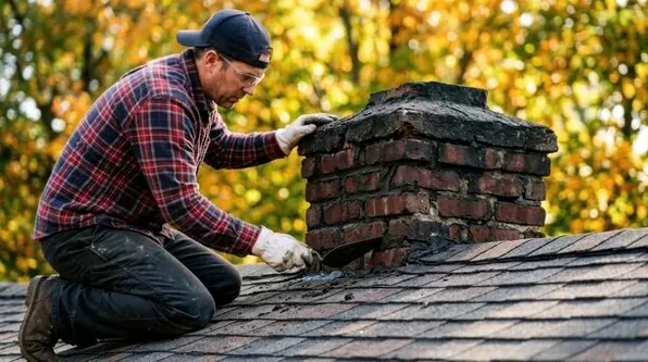 Mason rebuilding the crown on a chimney shared by two brick homes near Schiller Park
